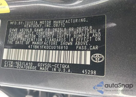 2012 Toyota Camry Xle V6 from USA, damaged, VIN 4T1BK1FK0CU016810